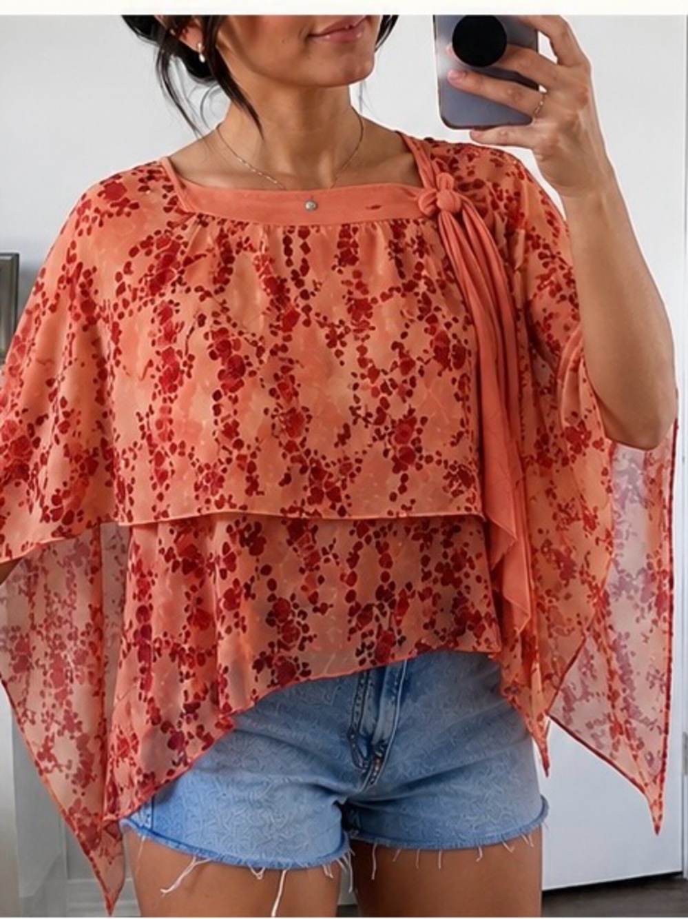Silence + Noise Floral Open-Side Cape Top Coral Peach Layered Tie Size M